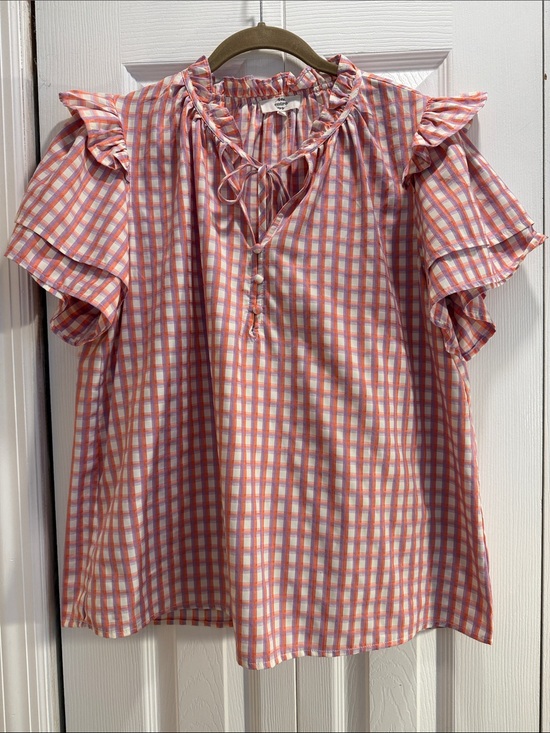 entro Tops - entro Pink Plaid Ruffle Tie-Neck Blouse